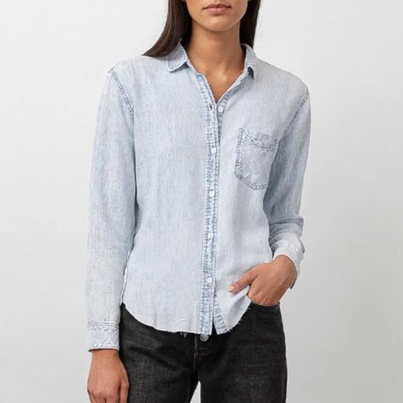 Rails Ingrid Light Acid Wash Raw Hem Button Up Shirt Lyocell Linen sz S - Picture 2 of 16